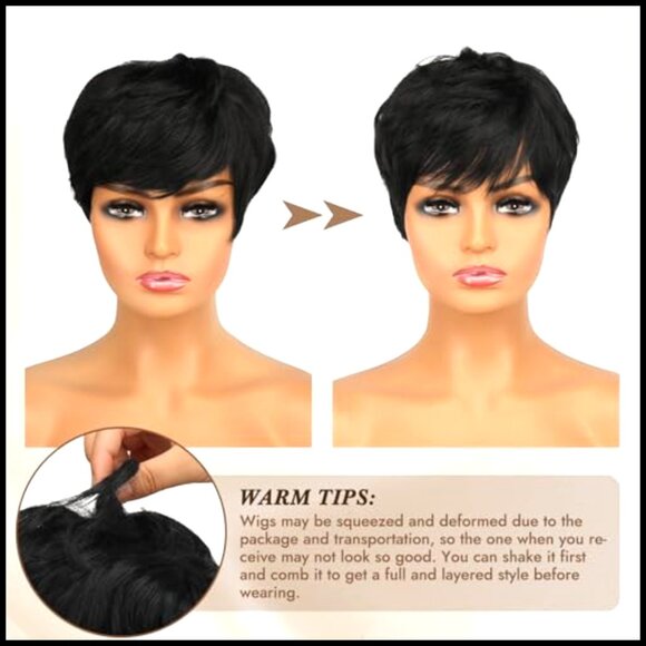 Short Pixie Cut Human Hair Wig Layered Wavy Style Adjustable Cap main image 5